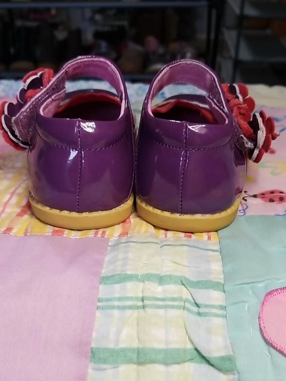 Livie & Luca Purple Patent Leather Mary Janes w/Red Suede Trim & Flowers Size 8